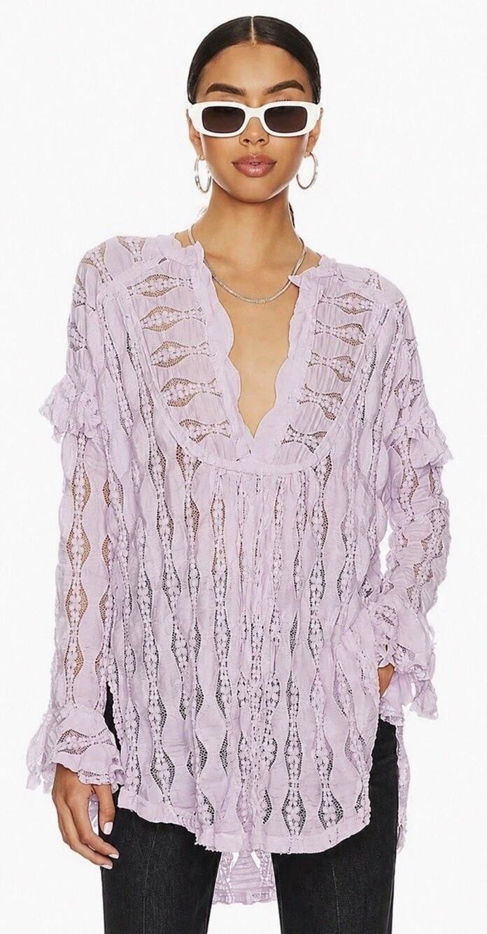 Free People Lavender Lace Ruffle Tunic Blouse Boho Long Sleeve XS
